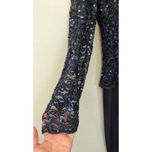 Scala Gown 10 Formal Navy Blue Beaded Sequin Event Wedding Holiday Lace Ruffle - Picture 2 of 14